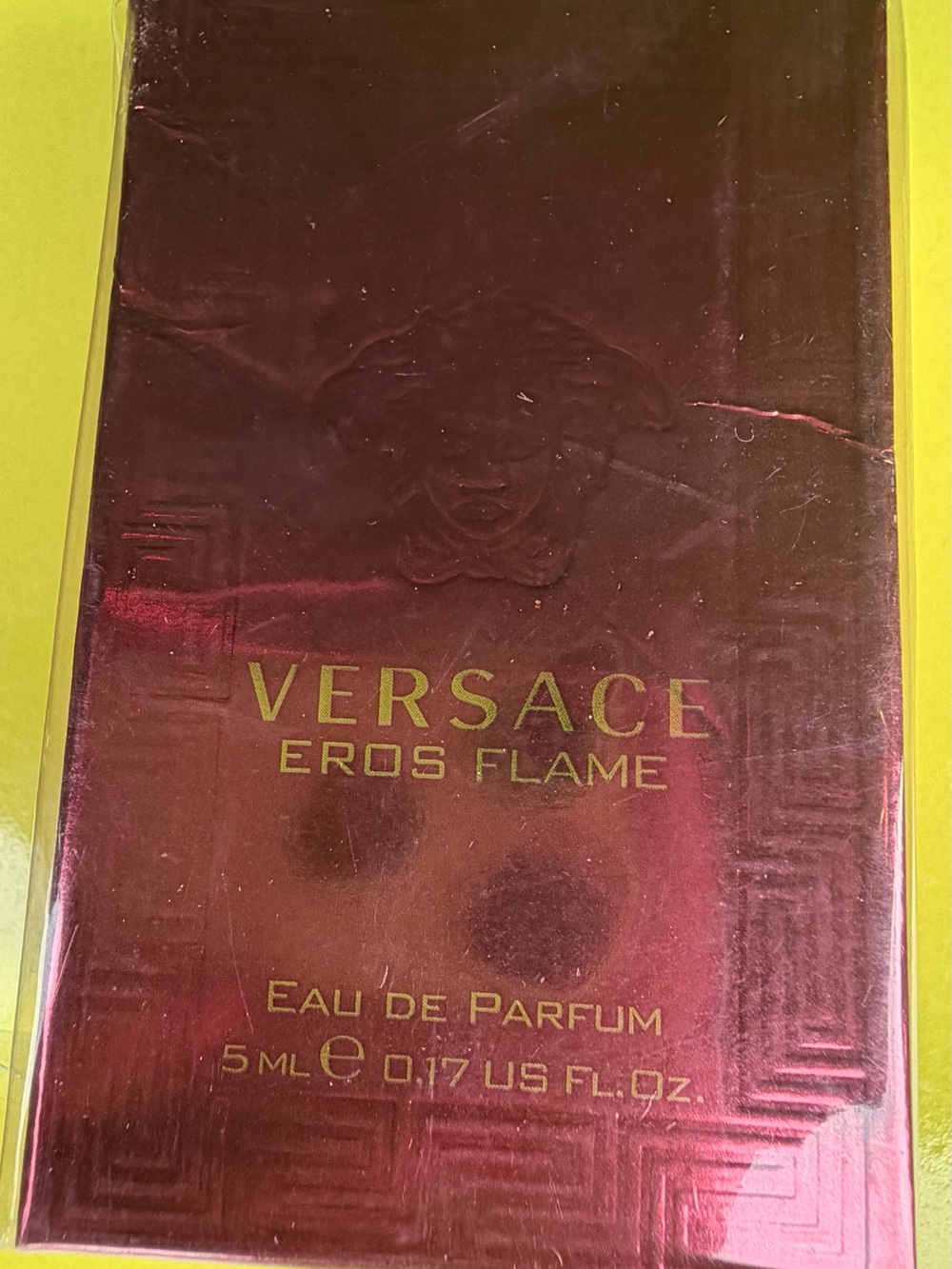 Versace Eros Flame Metallic Red Mini with Gold Lettering